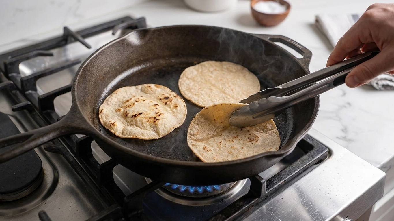 Corn tortillas warming in a dry skillet on a stovetop