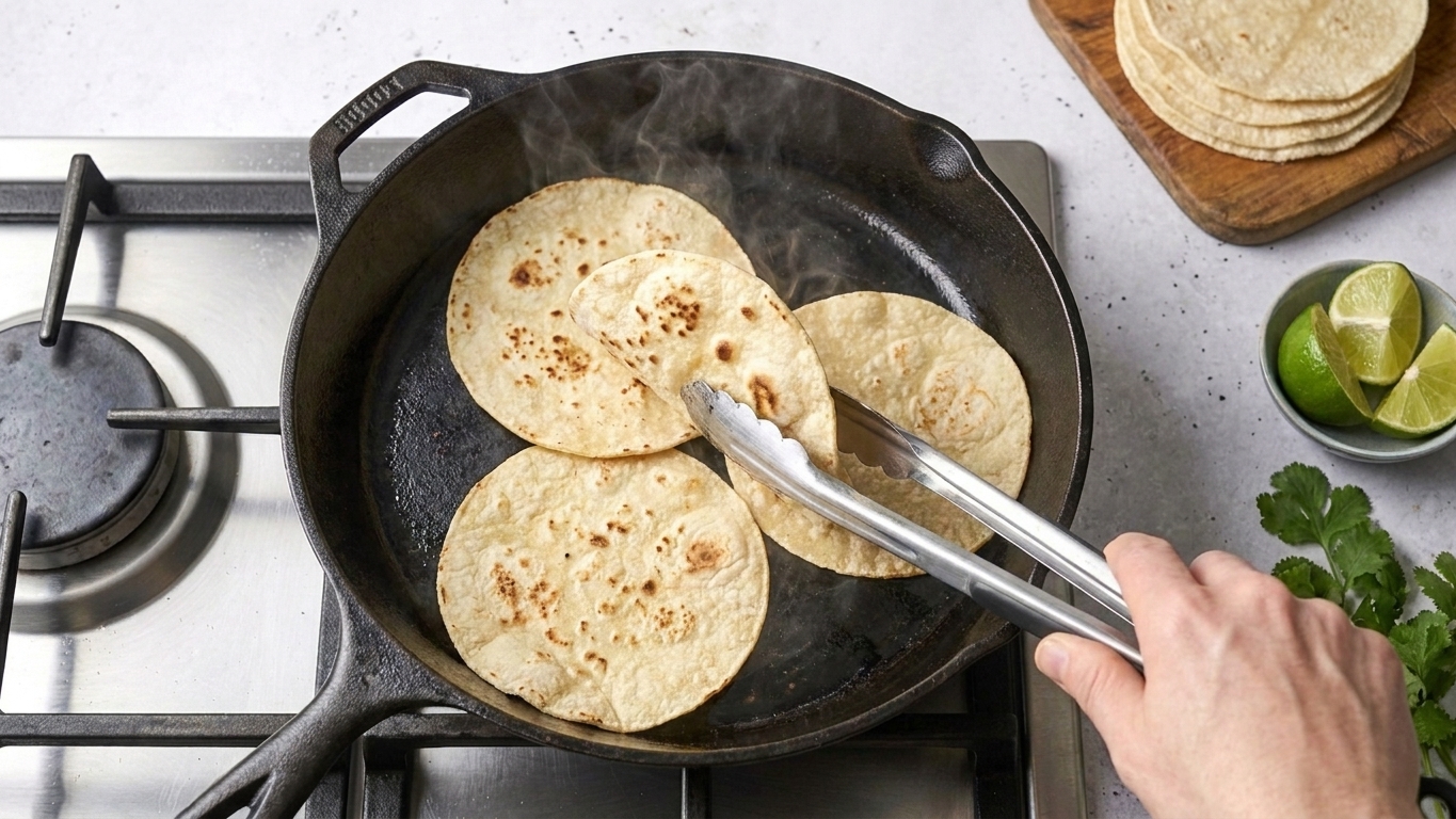 Corn tortillas warming in a dry skillet with light toasty spots forming