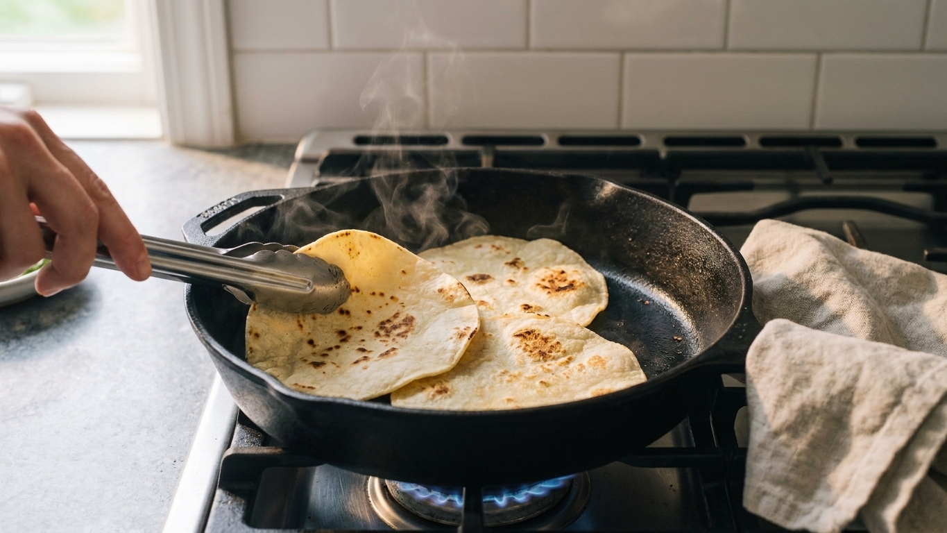 Corn tortillas warming in a skillet on the stovetop, lightly toasted with a few browned spots
