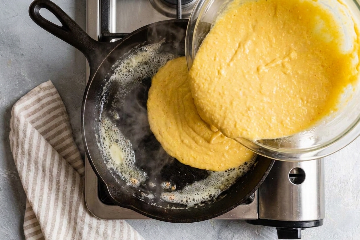 Cornbread batter being poured into a buttered hot cast iron skillet on a stovetop, with the edges beginning to sizzle
