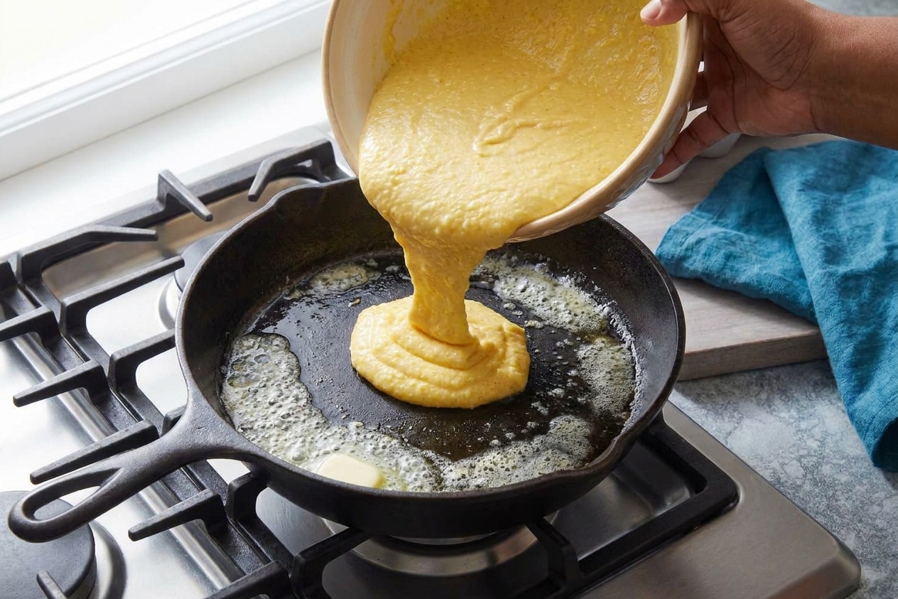 Cornbread batter being poured into a hot buttered cast iron skillet on a kitchen counter