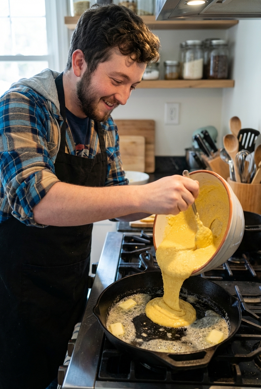 Cornbread batter being poured into a hot cast iron skillet with melted butter