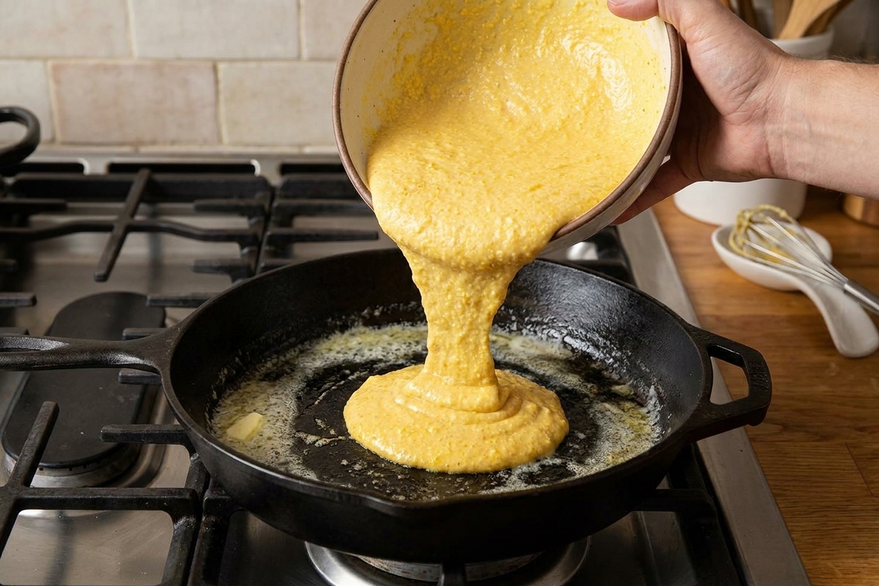 Cornbread batter being poured into a preheated cast iron skillet with melted butter, captured mid-pour on a stovetop