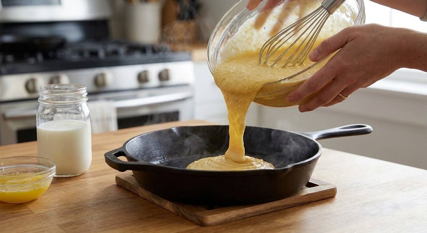 Cornbread batter being poured into a preheated cast iron skillet on a kitchen counter, with a whisk and bowl nearby in warm consistent lighting