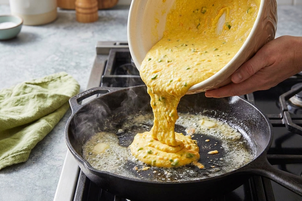 Cornbread batter being poured into a sizzling buttered cast iron skillet, ready to go into the oven