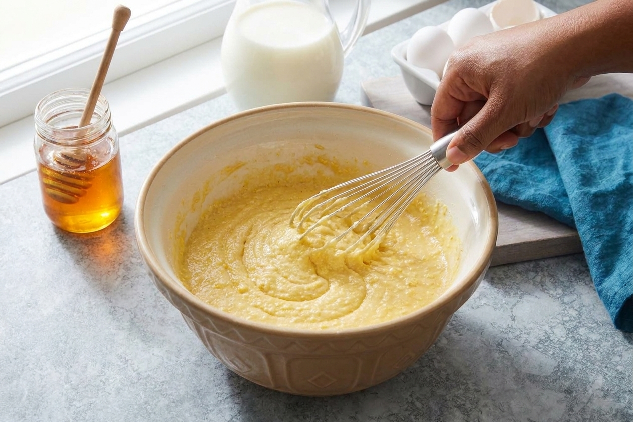 Cornbread batter being whisked in a mixing bowl on a bright kitchen counter