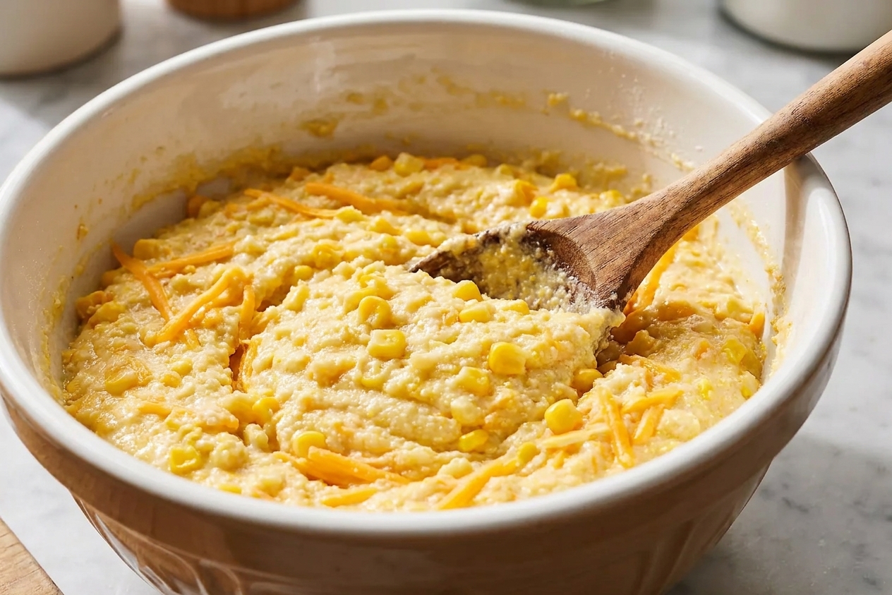 Cornbread casserole batter being stirred in a large bowl with visible corn kernels and shredded cheddar