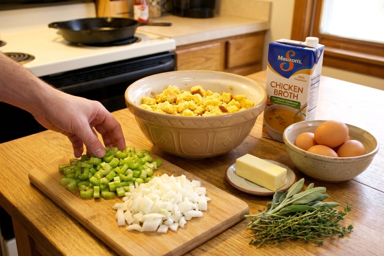 Cornbread, chopped celery and onion, eggs, chicken broth, butter, and herbs laid out on a kitchen counter