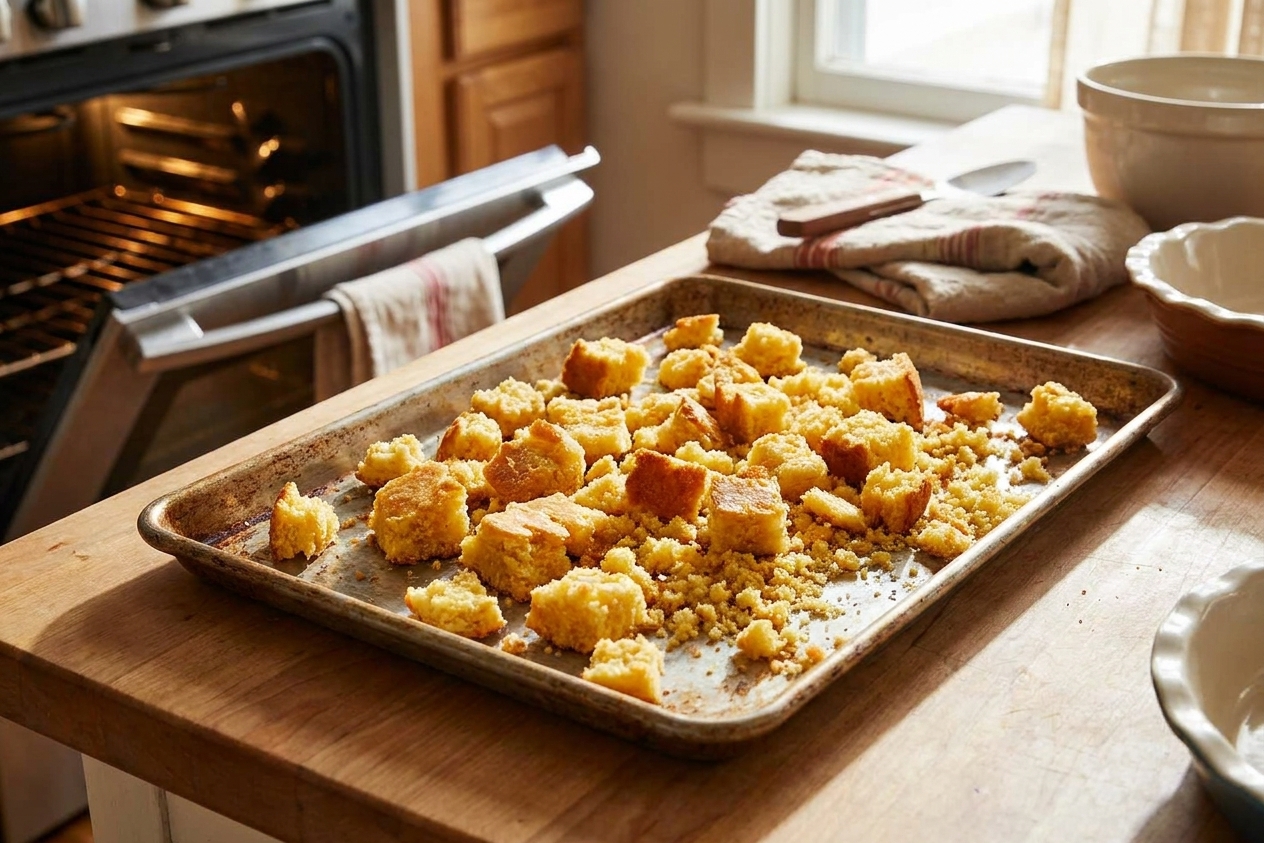 Cornbread crumbles spread on a sheet pan in a warm kitchen, ready to dry in the oven