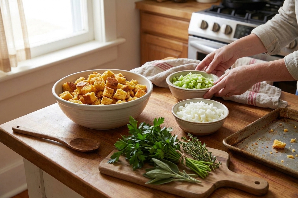 Cornbread cubes, chopped celery, diced onion, fresh parsley, and herbs arranged on a light kitchen counter, ready for dressing prep