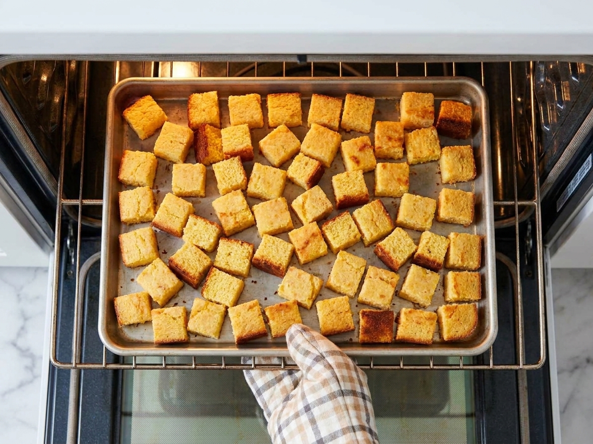 Cornbread cubes toasting on a rimmed baking sheet, turning golden at the edges