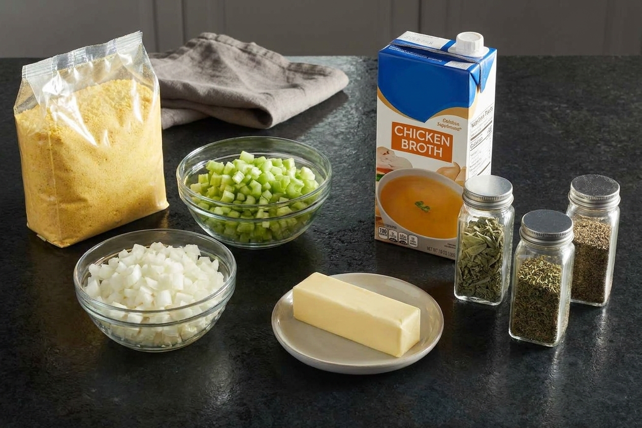 Cornbread mix, diced celery, diced onion, butter, chicken broth, and seasonings arranged on a clean kitchen counter in soft natural light
