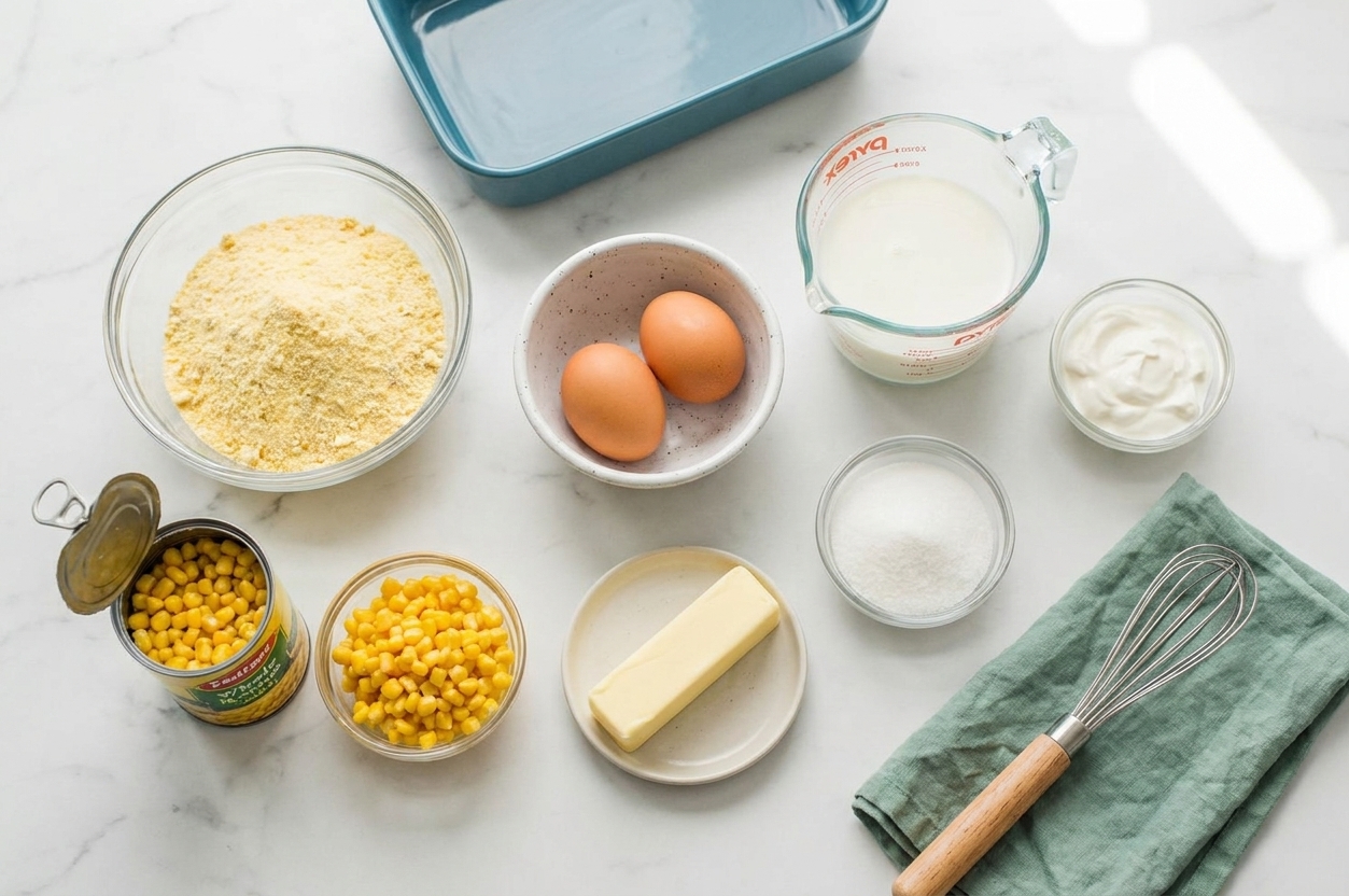 Cornbread mix, eggs, milk, sour cream, canned corn, butter, sugar, and a whisk laid out on a bright, neutral kitchen counter for making cornbread pudding