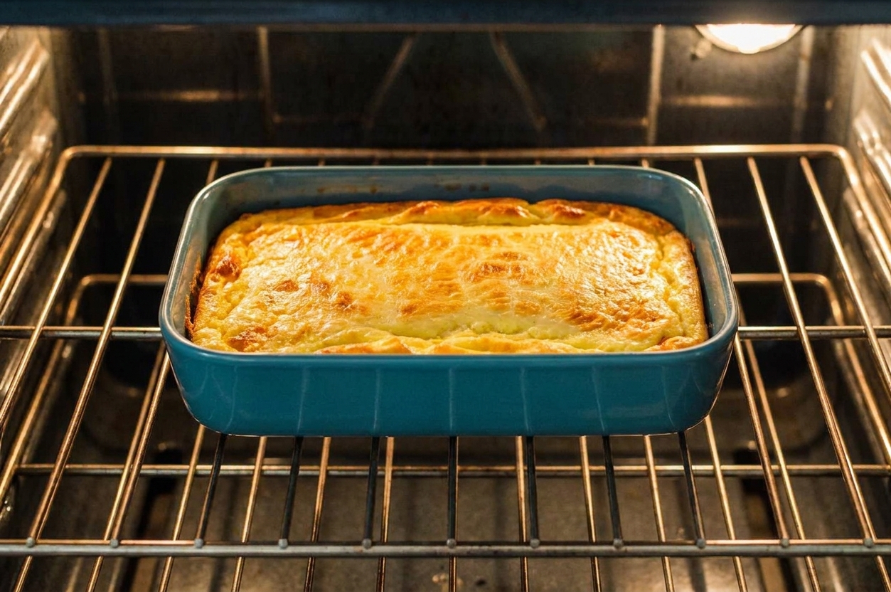 Cornbread pudding baking on the center rack of a home oven as the top turns golden