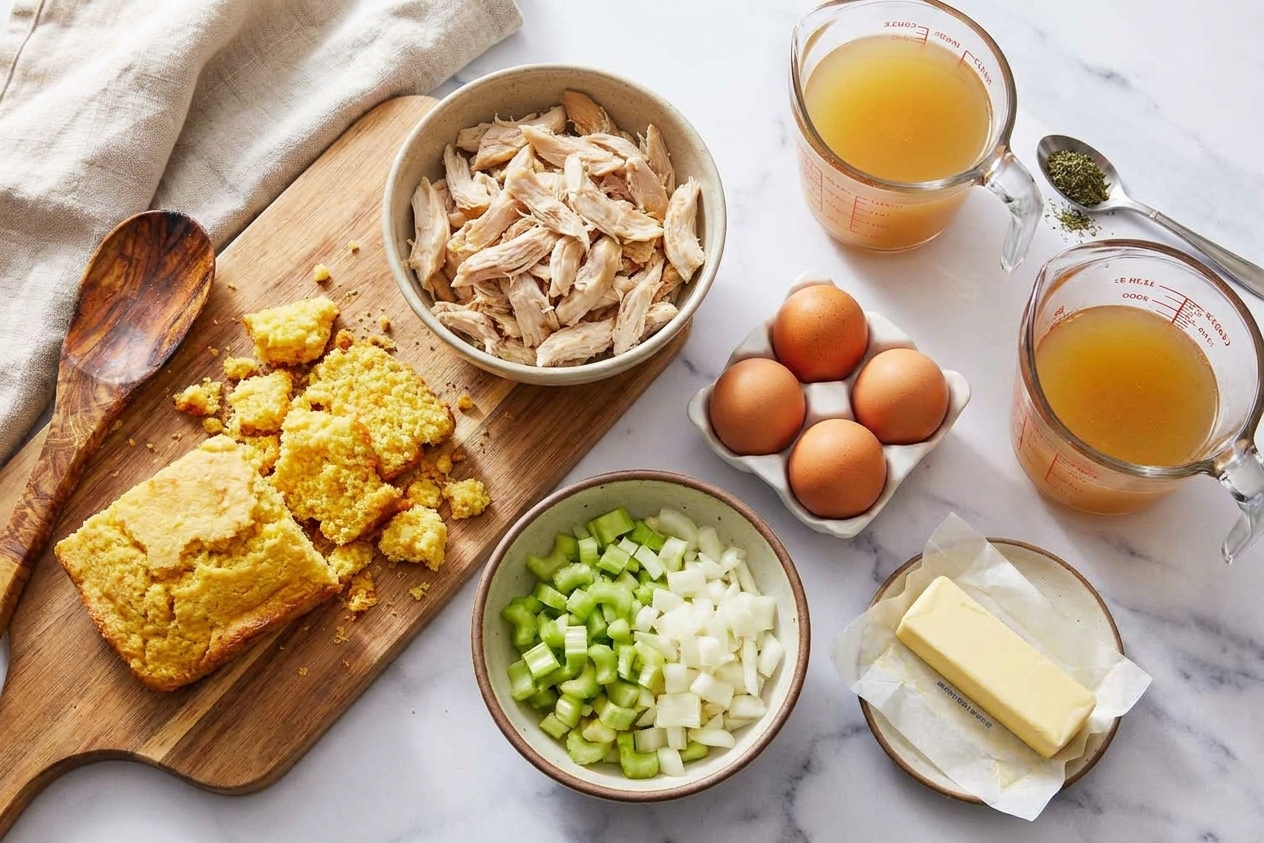 Cornbread, shredded chicken, chopped celery and onion, eggs, butter, chicken broth, and dried sage arranged on a bright kitchen counter