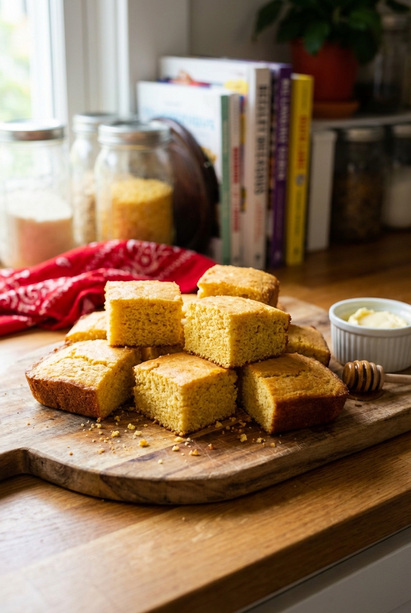 Cornbread squares on a wooden board
