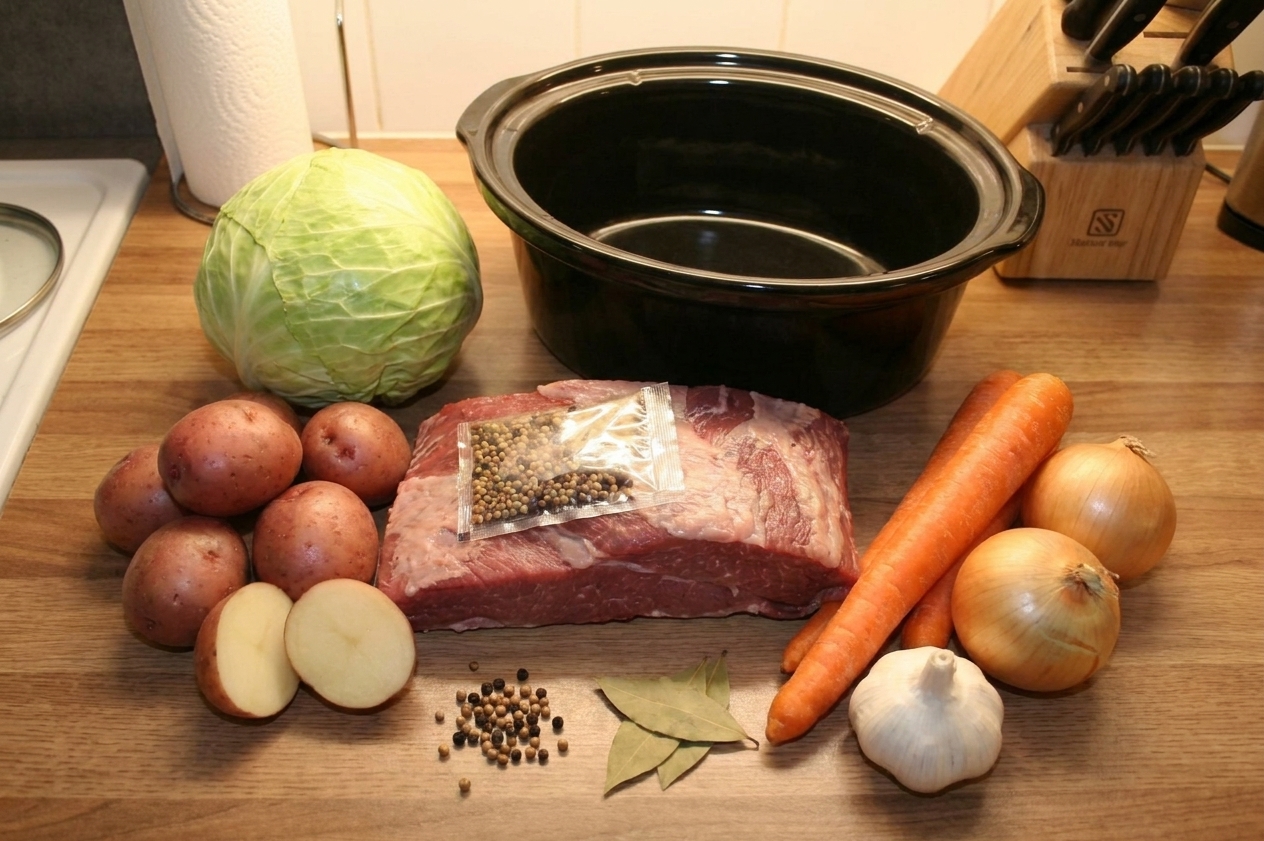 Corned beef brisket, cabbage, carrots, baby potatoes, onion, garlic, and spices arranged on a light kitchen counter with a slow cooker insert nearby