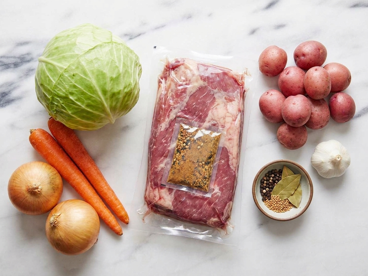 Corned beef brisket in its package with cabbage, carrots, yellow onions, baby potatoes, garlic, and spices arranged on a clean kitchen counter
