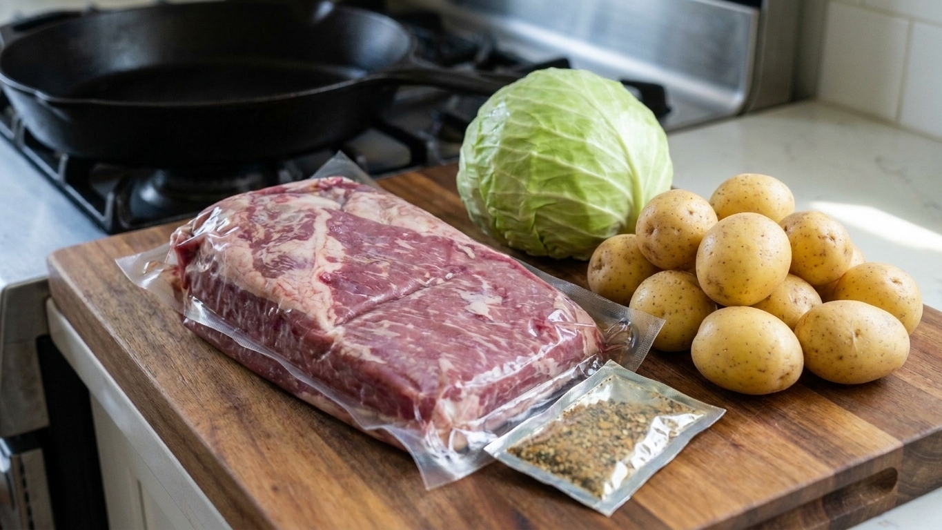 Corned beef brisket in packaging with a spice packet beside it on a clean kitchen counter, next to cabbage and potatoes ready for cooking