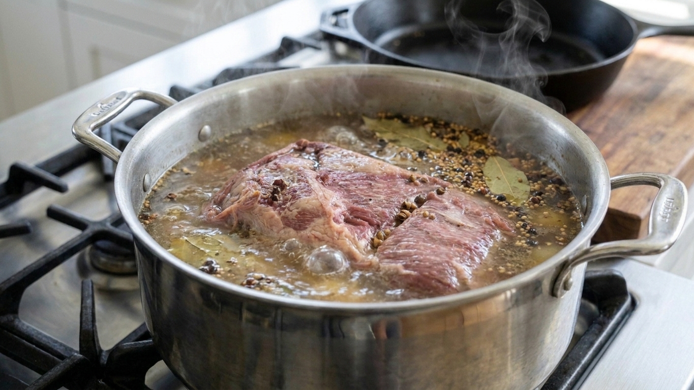 Corned beef brisket simmering in a large Dutch oven on a stovetop, with gentle bubbles and aromatic spices floating on the surface