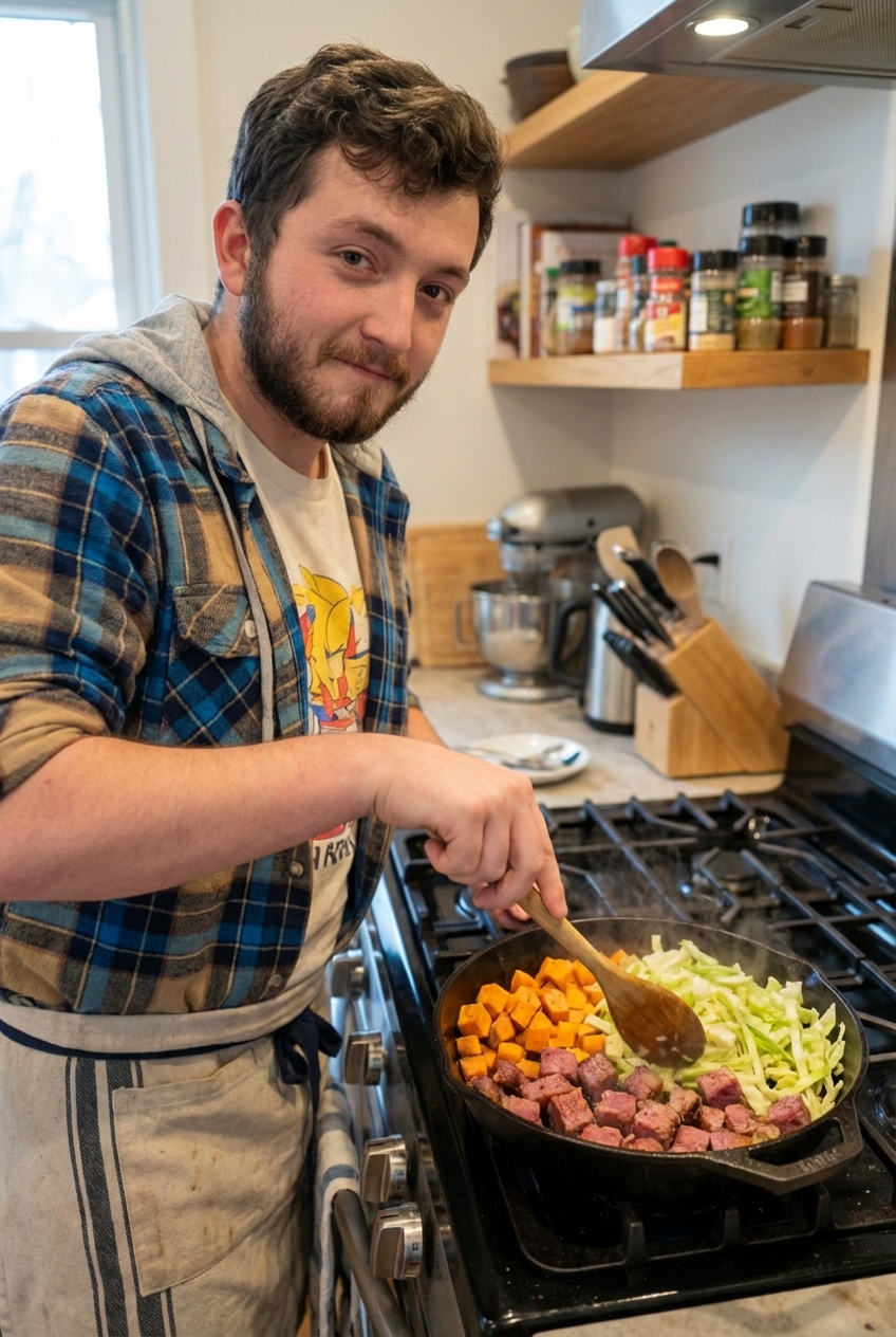Corned beef cubes browning in a skillet with sweet potatoes and cabbage on the stove