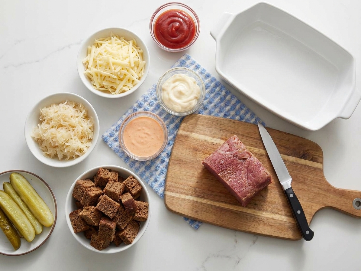 Corned beef, drained sauerkraut, shredded Swiss cheese, rye bread cubes, mayonnaise, ketchup, pickles, and spices arranged together for making Reuben casserole