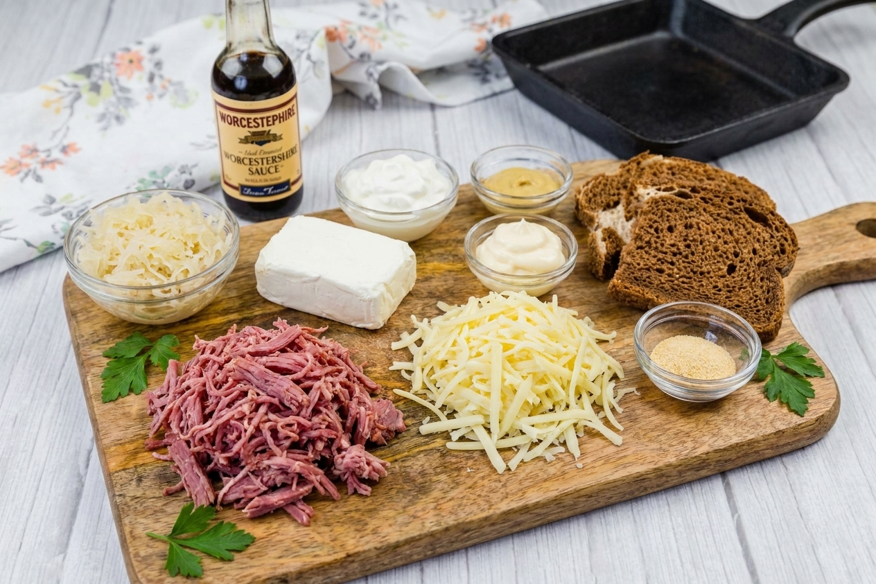 Corned beef, shredded Swiss cheese, sauerkraut, cream cheese, sour cream, mayonnaise, Dijon mustard, Worcestershire, garlic powder, and rye bread arranged on a wooden cutting board