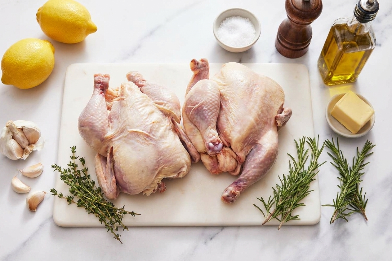 Cornish game hens, lemons, garlic, butter, fresh thyme, fresh rosemary, salt, pepper, and olive oil arranged on a clean kitchen counter