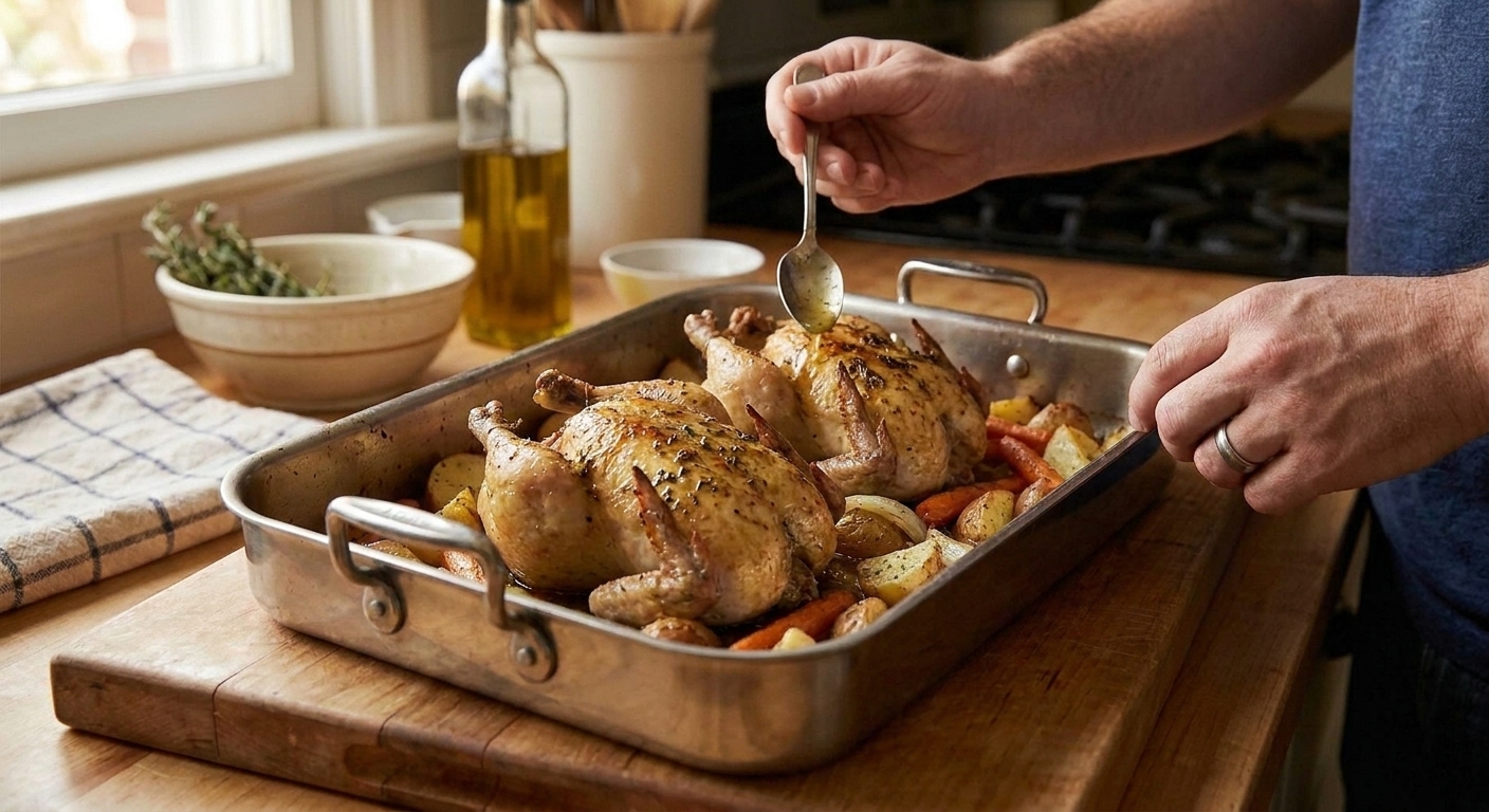 Cornish game hens roasting in a pan surrounded by halved baby potatoes and carrots on a stove-adjacent counter