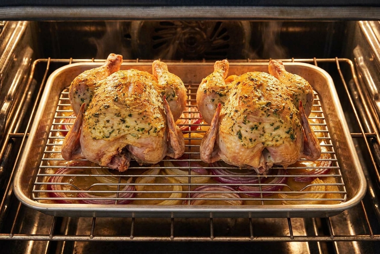 Cornish game hens roasting on a rack in a hot oven with golden skin beginning to crisp