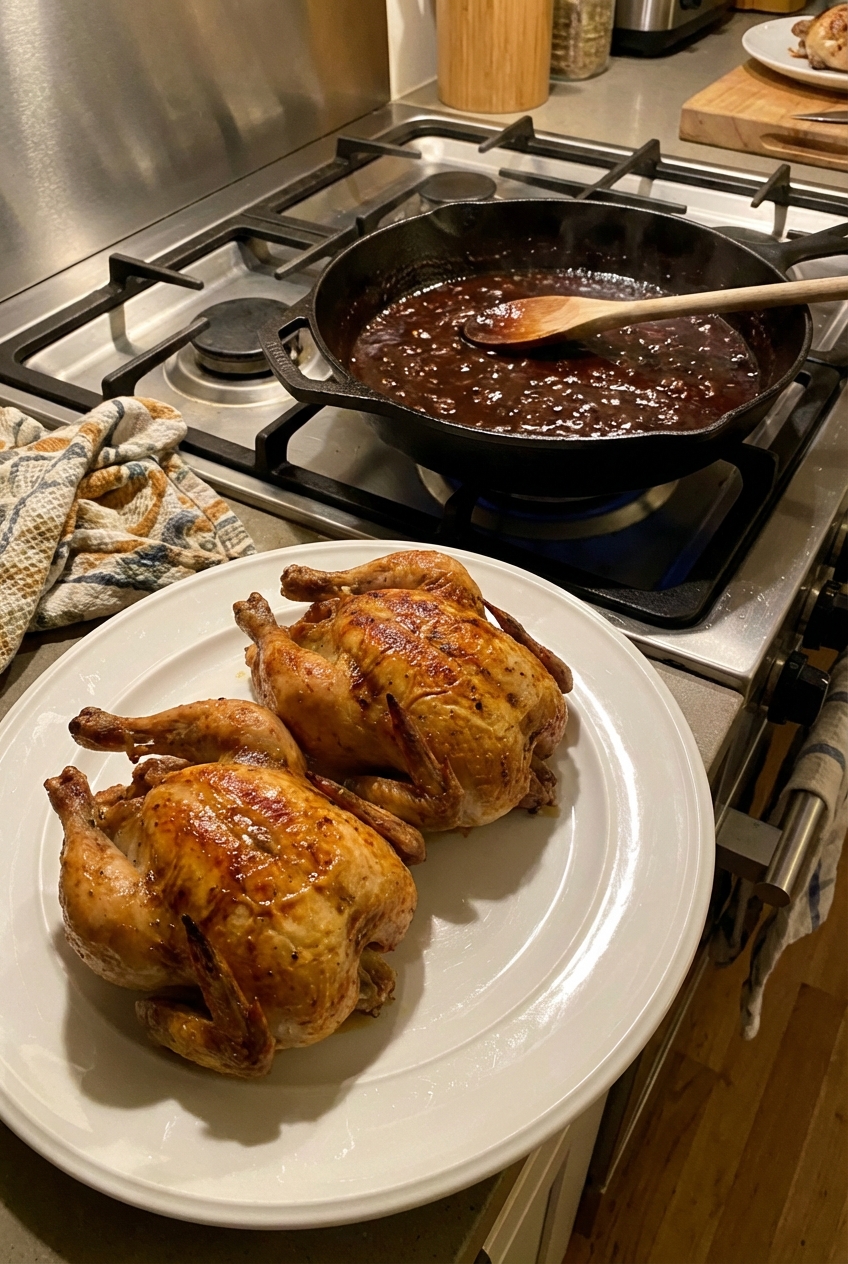 Cornish hens resting on a plate while a dark sauce simmers in a skillet