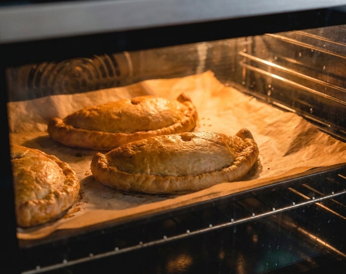 Cornish pasties turning golden on a parchment-lined baking sheet in the oven