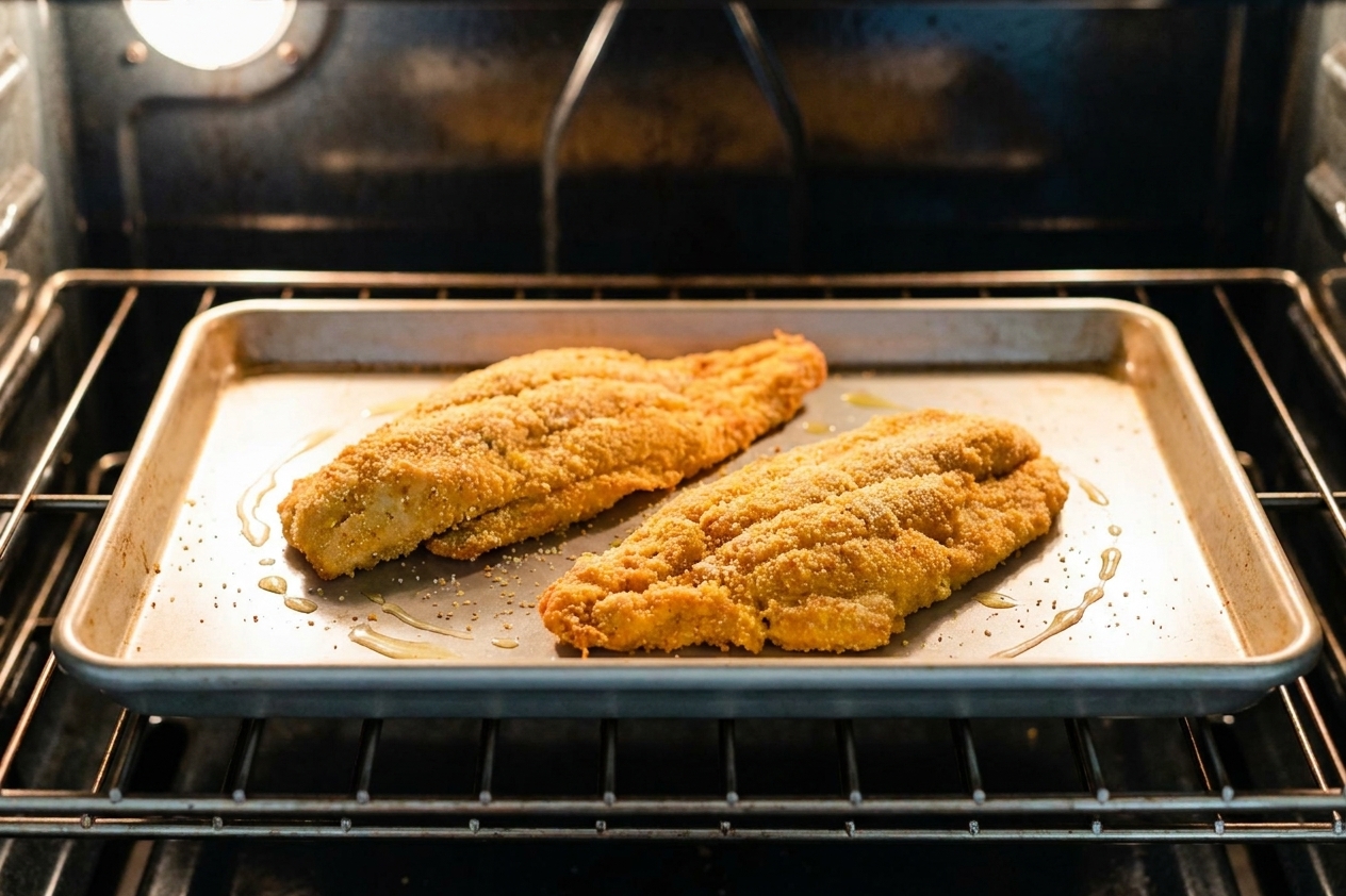 Cornmeal-crusted catfish fillets baking on a sheet pan in an oven, crust turning golden and crisp