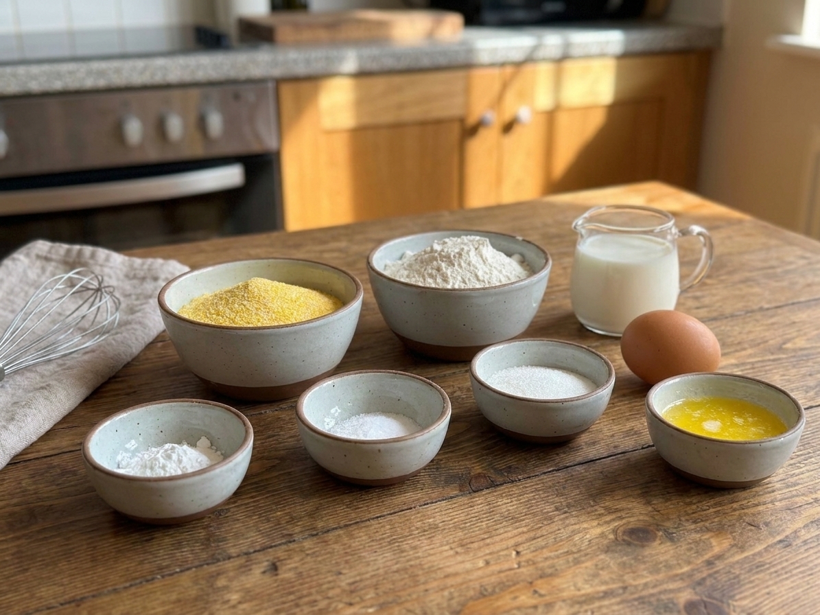 Cornmeal, flour, baking powder, salt, sugar, milk, eggs, and butter arranged on a clean kitchen counter in small bowls