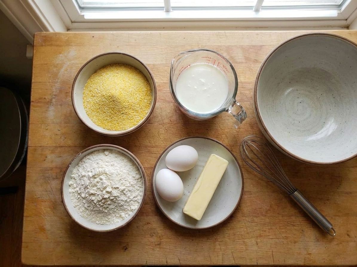 Cornmeal, flour, buttermilk, eggs, and butter measured out on a bright kitchen counter with a whisk and bowls nearby