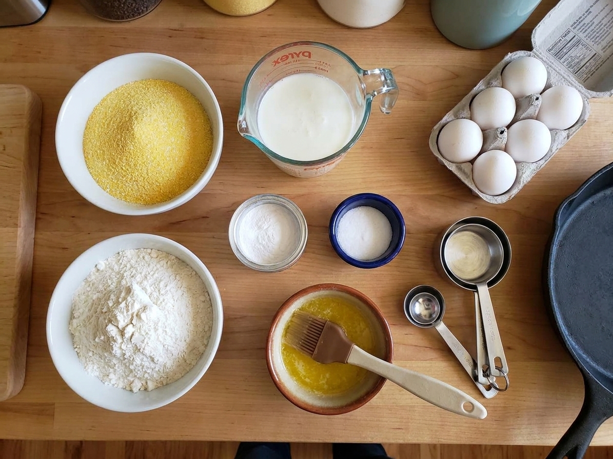 Cornmeal, flour, buttermilk, eggs, baking powder, salt, and a small bowl of melted butter arranged on a tidy kitchen counter
