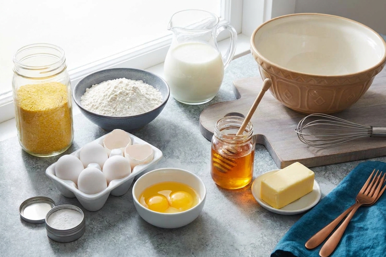 Cornmeal, flour, buttermilk, eggs, honey, butter, and baking powder arranged together on a bright kitchen counter before baking