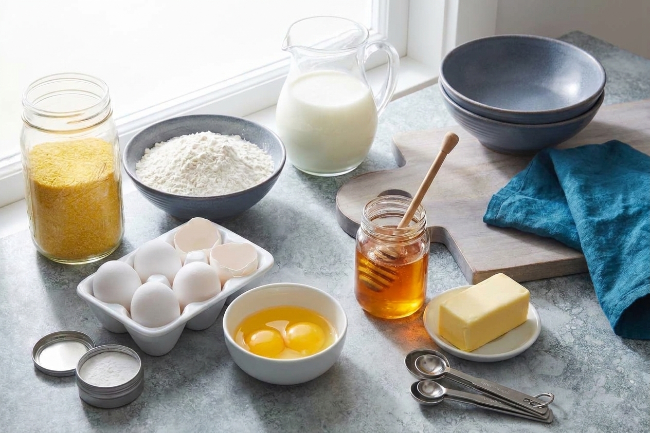 Cornmeal, flour, buttermilk, eggs, honey, butter, and baking powder arranged on a bright kitchen counter with measuring spoons