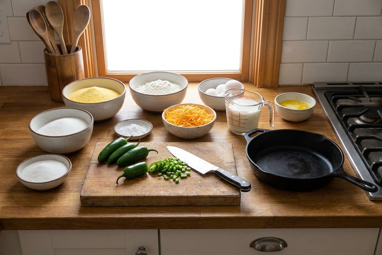 Cornmeal, flour, sugar, baking powder, eggs, buttermilk, melted butter, shredded cheddar, and fresh jalapeños arranged on a clean kitchen counter