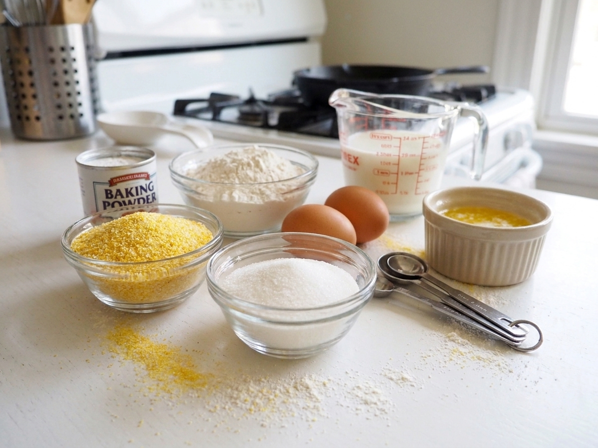 Cornmeal, flour, sugar, baking powder, eggs, milk, and melted butter arranged with measuring spoons on a bright kitchen counter