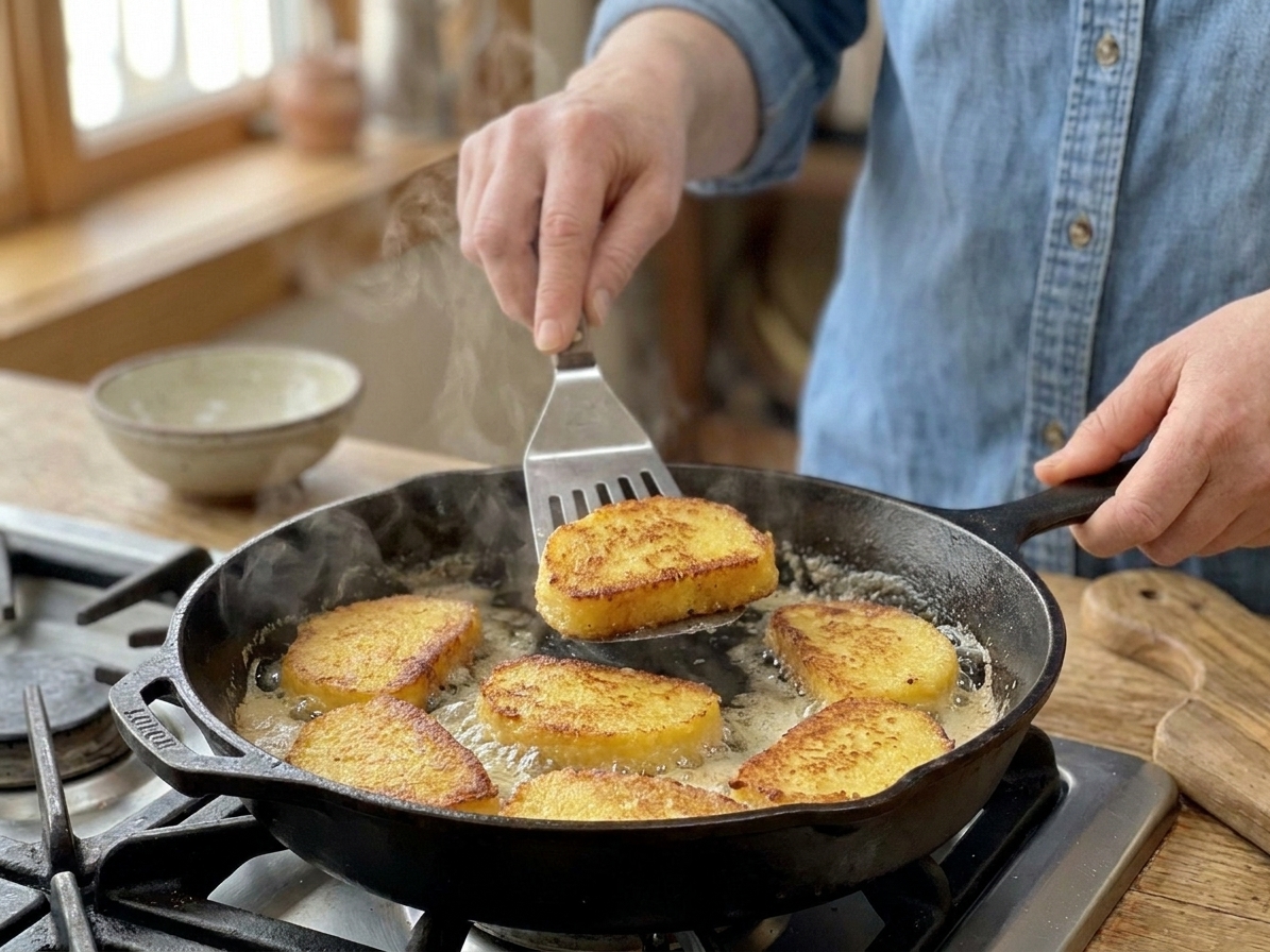 Cornmeal mush slices browning in a cast iron skillet with butter bubbling around the edges