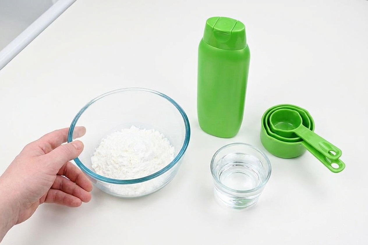 Cornstarch, a bottle of shampoo, and a small cup of water arranged on a tidy kitchen counter