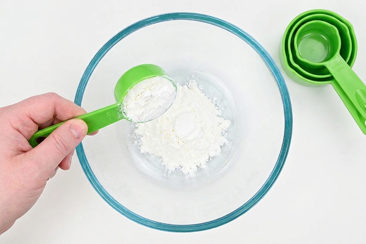 Cornstarch being measured into a mixing bowl on a clean kitchen counter with measuring cups nearby