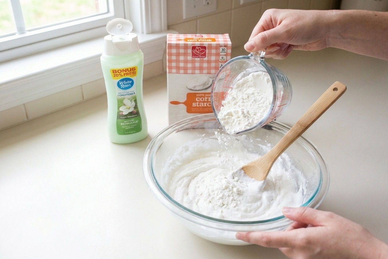 Cornstarch being poured from a measuring cup into a bowl of conditioner while a spoon rests inside, on a clean kitchen counter