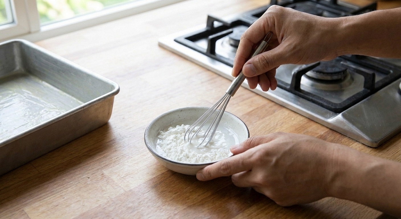 Cornstarch being whisked with a small amount of cold liquid in a bowl until smooth for a slurry