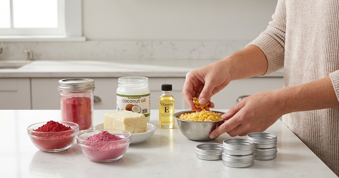 Cosmetic-grade mica, beeswax pellets, shea butter, coconut oil, vitamin E oil, and small empty lip balm tins arranged on a clean kitchen counter