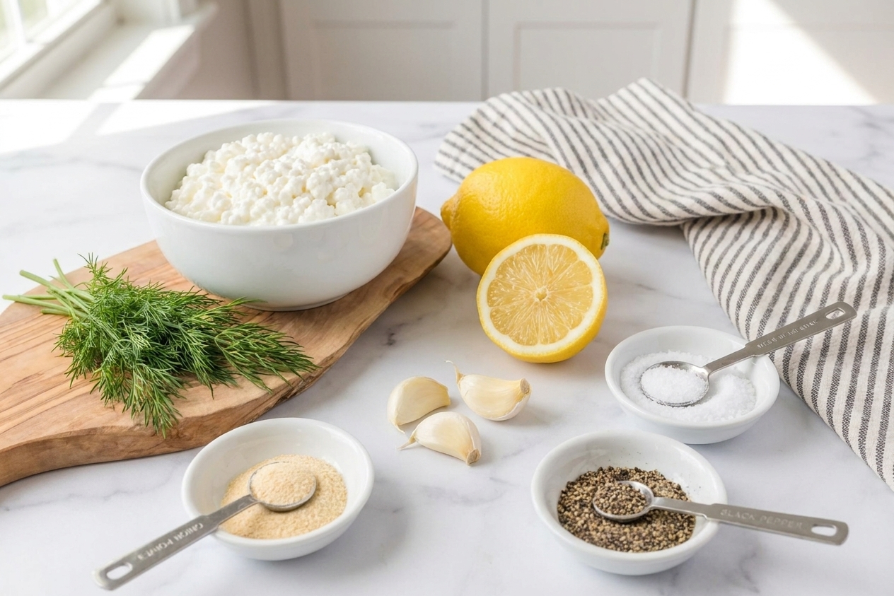 Cottage cheese, fresh dill, lemon, garlic, onion powder, and seasonings arranged on a clean kitchen counter in small bowls and measuring spoons