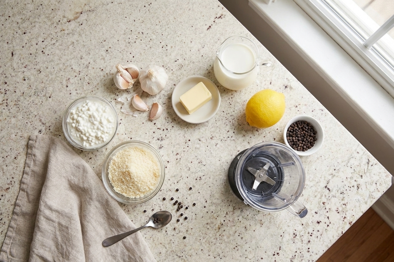 Cottage cheese, grated Parmesan, garlic, butter, milk, lemon, and black pepper arranged on a clean kitchen counter with a small blender jar nearby