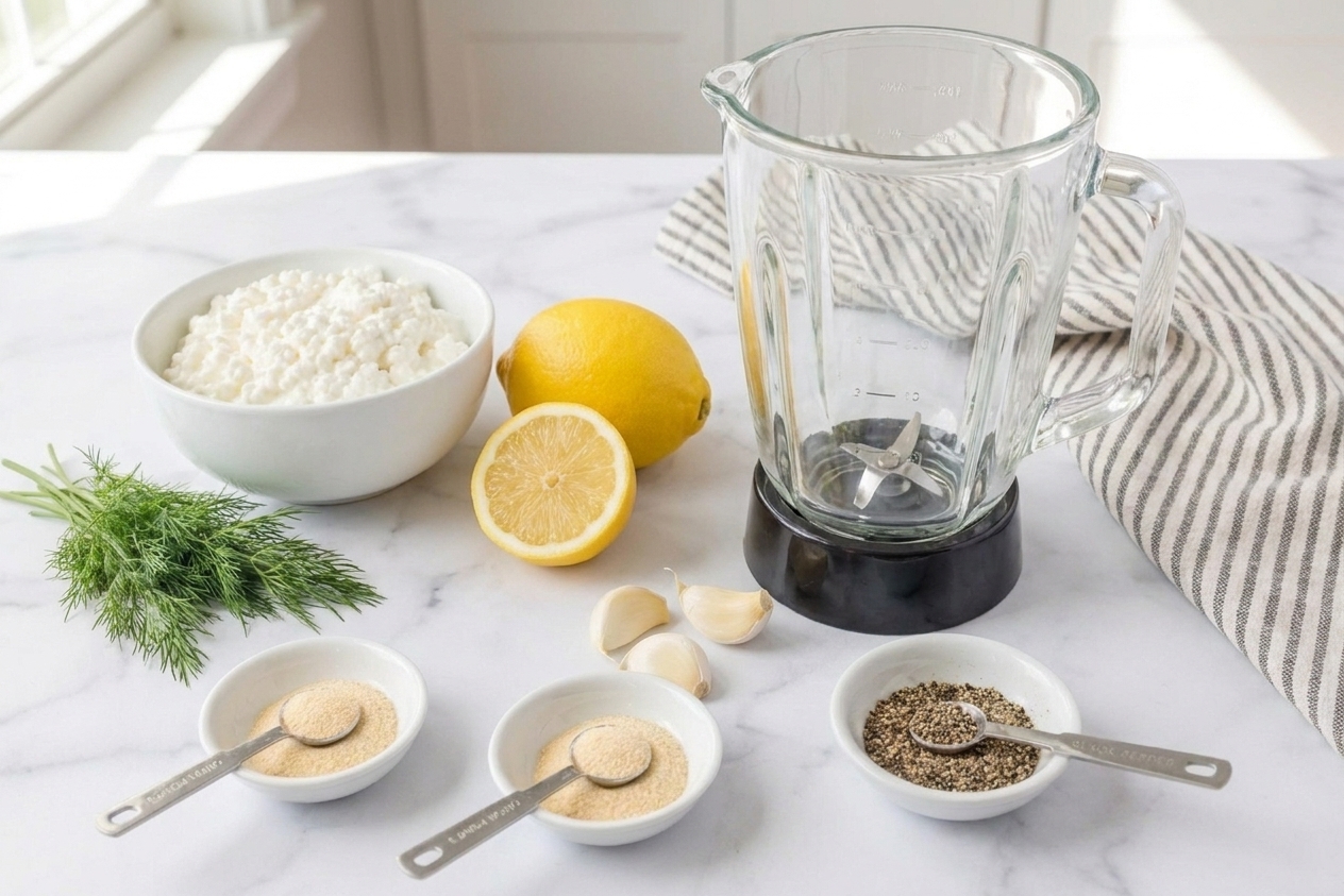 Cottage cheese, lemon, dill, garlic powder, onion powder, salt, and pepper arranged beside a blender jar on a clean kitchen counter, ready to be blended into dip