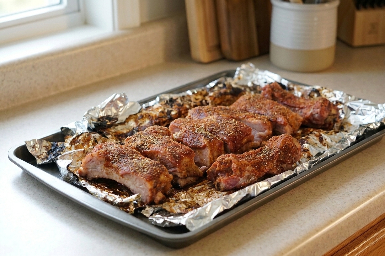 Country style pork ribs coated in a reddish-brown dry rub on a foil-lined baking sheet, ready to be covered and baked